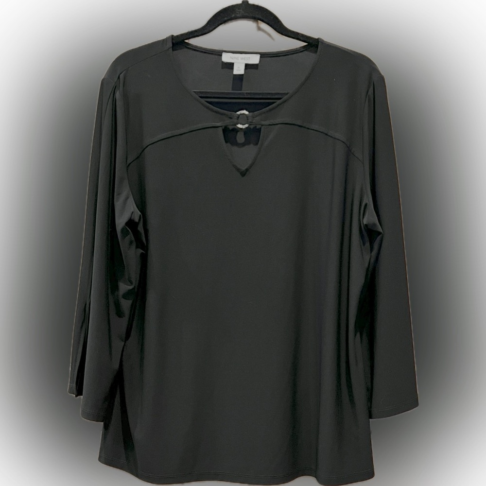 Nine West Black Keyhole Ring Detail Blouse XL Long Sleeve Workwear Chic, NWOT